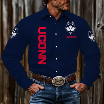 EXCLUSIVE EDITION - NEW CUSTOMIZED NCAA MAM21 UCH UCONN HUSKIES MEN'S LONG SLEEVE BUTTON-UP SHIRT