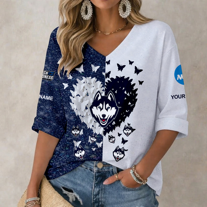 LIMITED EDITION - NEW CUSTOMIZED NCAA MAM21 UCH UCONN HUSKIES WOMEN'S HEART V-NECK LONG SLEEVE SHIRT