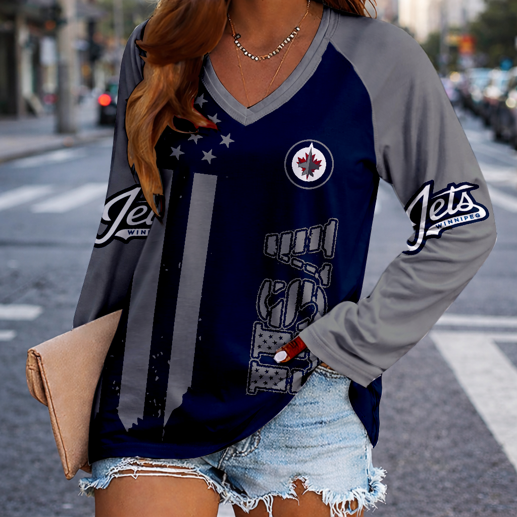LIMITED EDITION - NEW CUSTOMIZED NHL21 WPJ WINNIPEG JETS WOMEN'S V-NECK LONG SLEEVED SHIRT