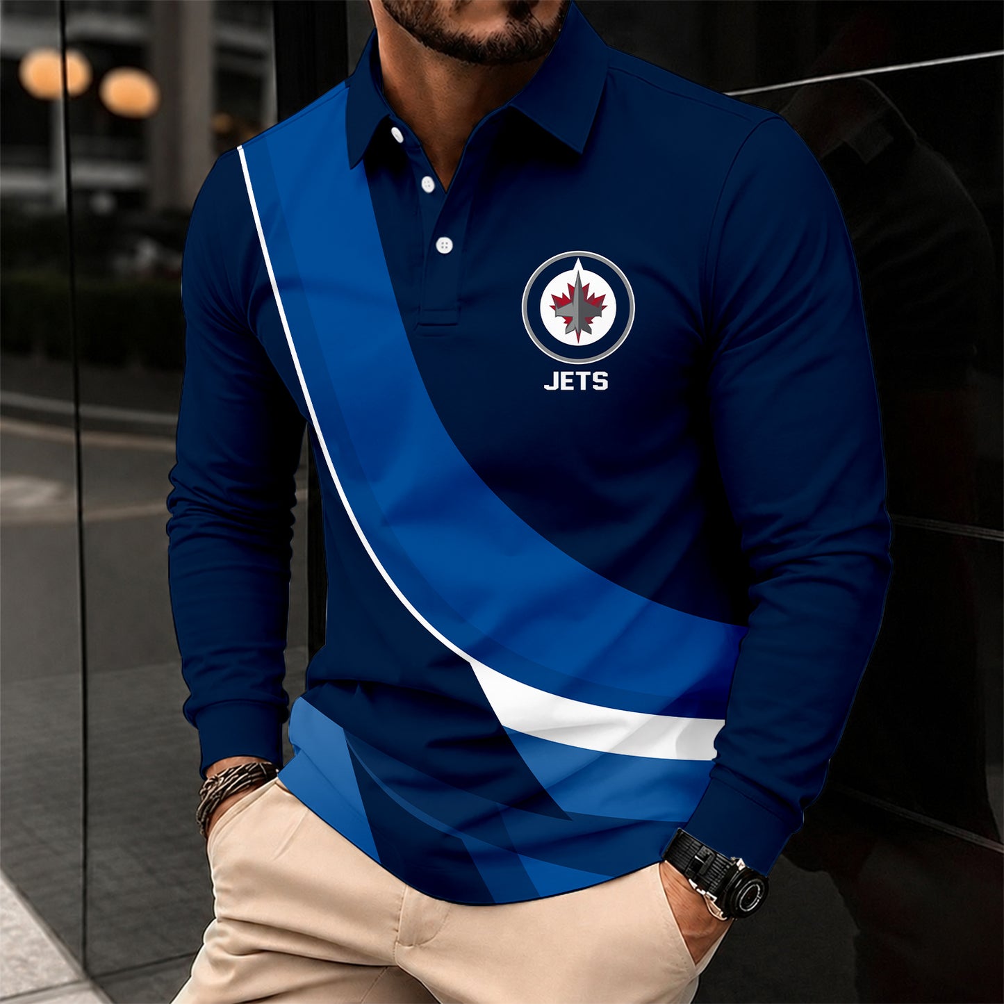 [SUPER SALE] NEW CUSTOMIZED NHL21 WPJ WINNIPEG JETS MEN LONG SLEEVE POLO