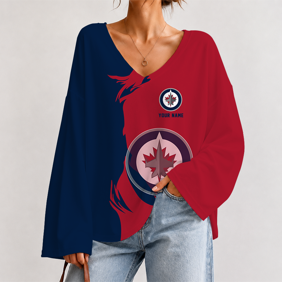 [SUPER SALE] NEW CUSTOMIZED NHL21 WPJ WINNIPEG JETS V-NECK LONG SLEEVED CROP TOP