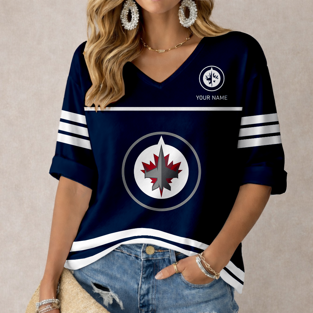LIMITED EDITION - NEW CUSTOMIZED NHL21 WPJ WINNIPEG JETS WOMEN'S HEART V-NECK LONG SLEEVE SHIRT