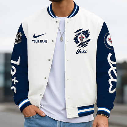 LIMITED EDITION - NEW CUSTOMIZED NHL21 WPJ WINNIPEG JETS BASEBALL JACKET, SATIN VARSITY JACKET