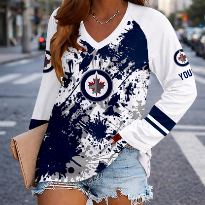 [SUPER SALE] NEW CUSTOMIZED NHL21 WPJ WINNIPEG JETS WOMEN'S V-NECK LONG SLEEVED SHIRT