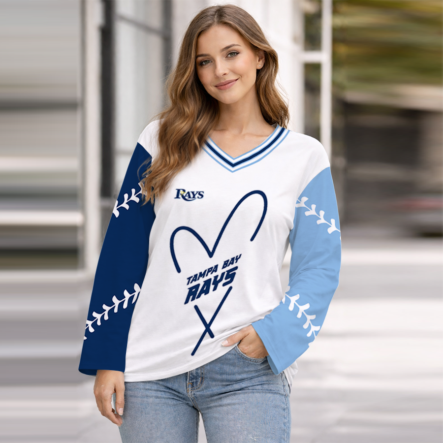 LIMITED EDITION - NEW CUSTOMIZED MLB21 TBR TAMPA BAY RAYS WOMEN'S HEART V-NECK LONG SLEEVE SHIRT