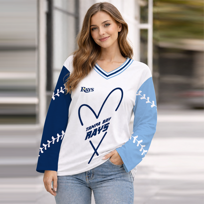 LIMITED EDITION - NEW CUSTOMIZED MLB21 TBR TAMPA BAY RAYS WOMEN'S HEART V-NECK LONG SLEEVE SHIRT