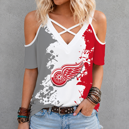 [SUPER SALE] NEW CUSTOMIZED NHL22 DRW DETROIT RED WINGS CRISS CROSS V-NECK TOP