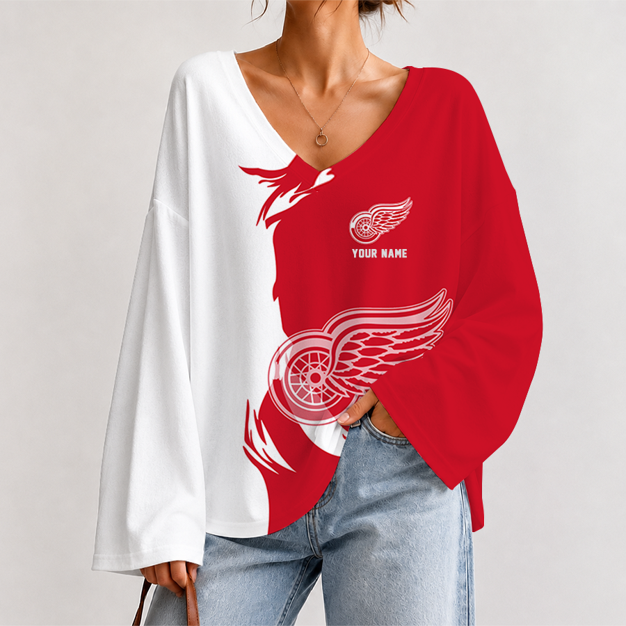 [SUPER SALE] NEW CUSTOMIZED NHL22 DRW DETROIT KHAKI WINGS V-NECK LONG SLEEVED CROP TOP