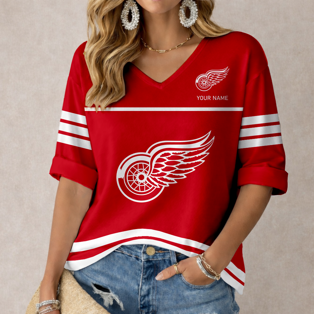 LIMITED EDITION - NEW CUSTOMIZED NHL22 DRW DETROIT RED WINGS WOMEN'S HEART V-NECK LONG SLEEVE SHIRT
