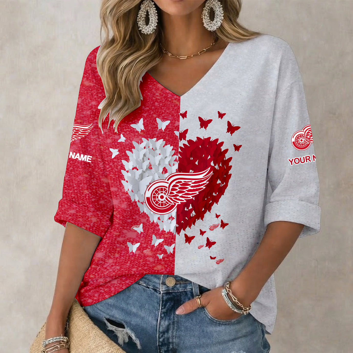 LIMITED EDITION - NEW CUSTOMIZED NHL22 DRW DETROIT RED WINGS WOMEN'S HEART V-NECK LONG SLEEVE SHIRT