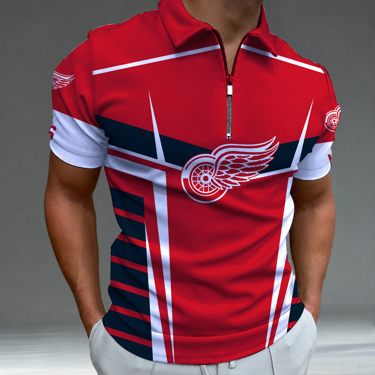 LIMITED EDITION - NEW CUSTOMIZED NHL22 DRW DETROIT KHAKI WINGS POLO SHIRT