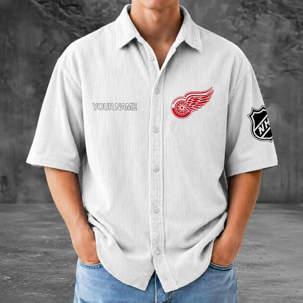 [SUPER SALE] NEW CUSTOMIZED NHL22 DRW DETROIT KHAKI WINGS SEERSUCKER BUTTON SHIRT