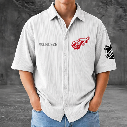 [SUPER SALE] NEW CUSTOMIZED NHL22 DRW DETROIT KHAKI WINGS SEERSUCKER BUTTON SHIRT