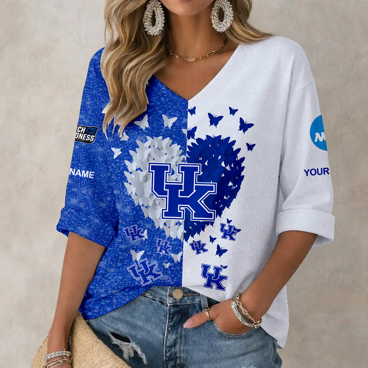 LIMITED EDITION - NEW CUSTOMIZED NCAA MAM22 KEW KENTUCKY WILDCATS WOMEN'S HEART V-NECK LONG SLEEVE SHIRT