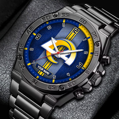 LIMITED EDITION - NEW CUSTOMIZED NFL22 LAR LOS ANGELES RAMS LUXURY STAINLESS STEEL WATCH