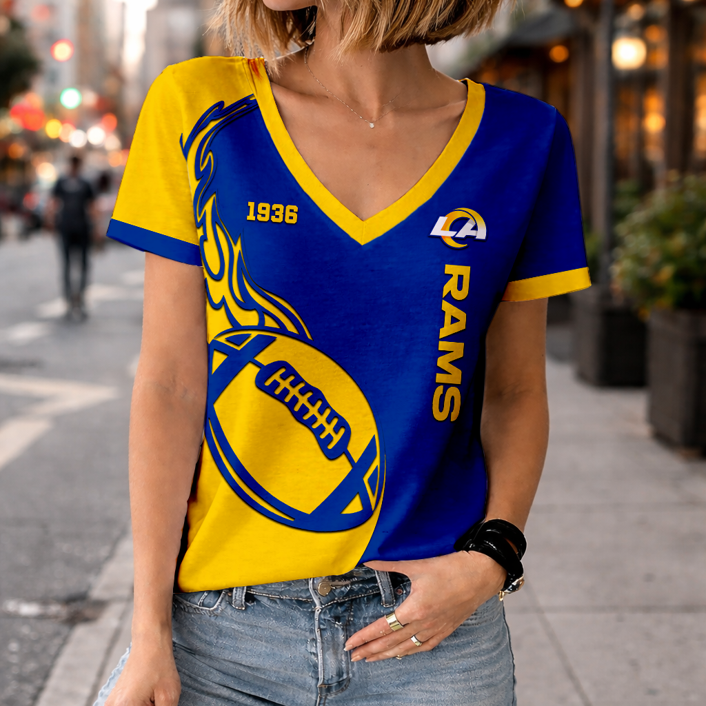 LIMITED EDITION - NEW CUSTOMIZED NFL22 LAR LOS ANGELES RAMS WOMEN'S V-NECK SHORT SLEEVED T-SHIRT
