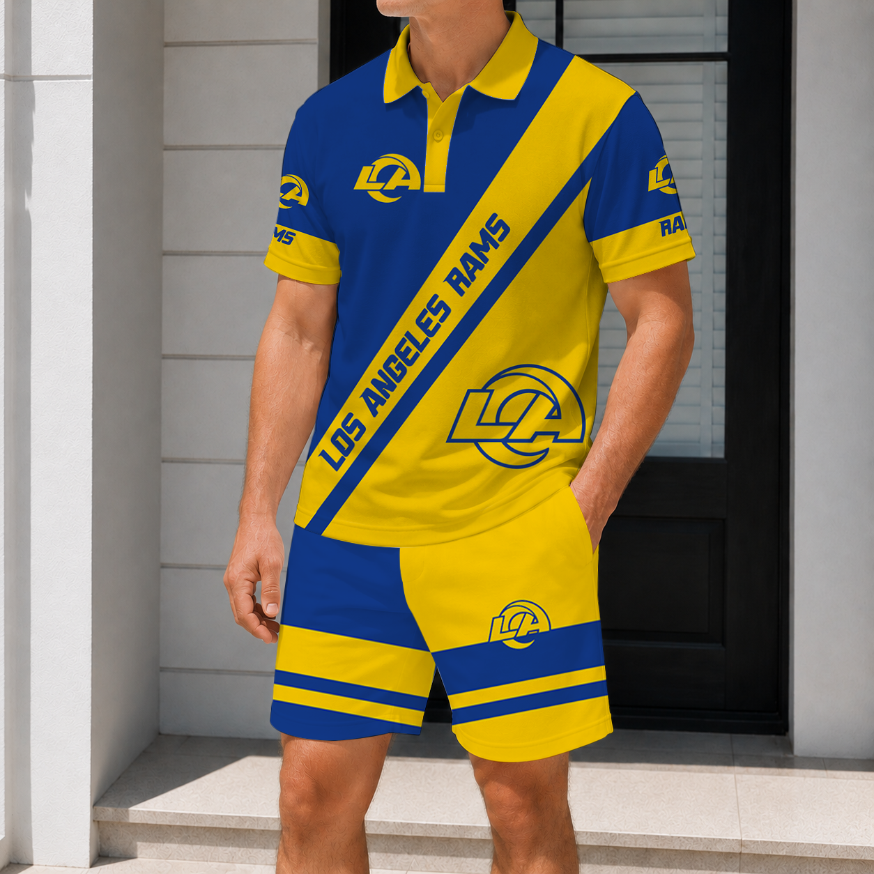 SPECIAL EDITION - NEW CUSTOMIZED NFL22 LAR LOS ANGELES RAMS POLO SHIRT & SHORT PANTS SET