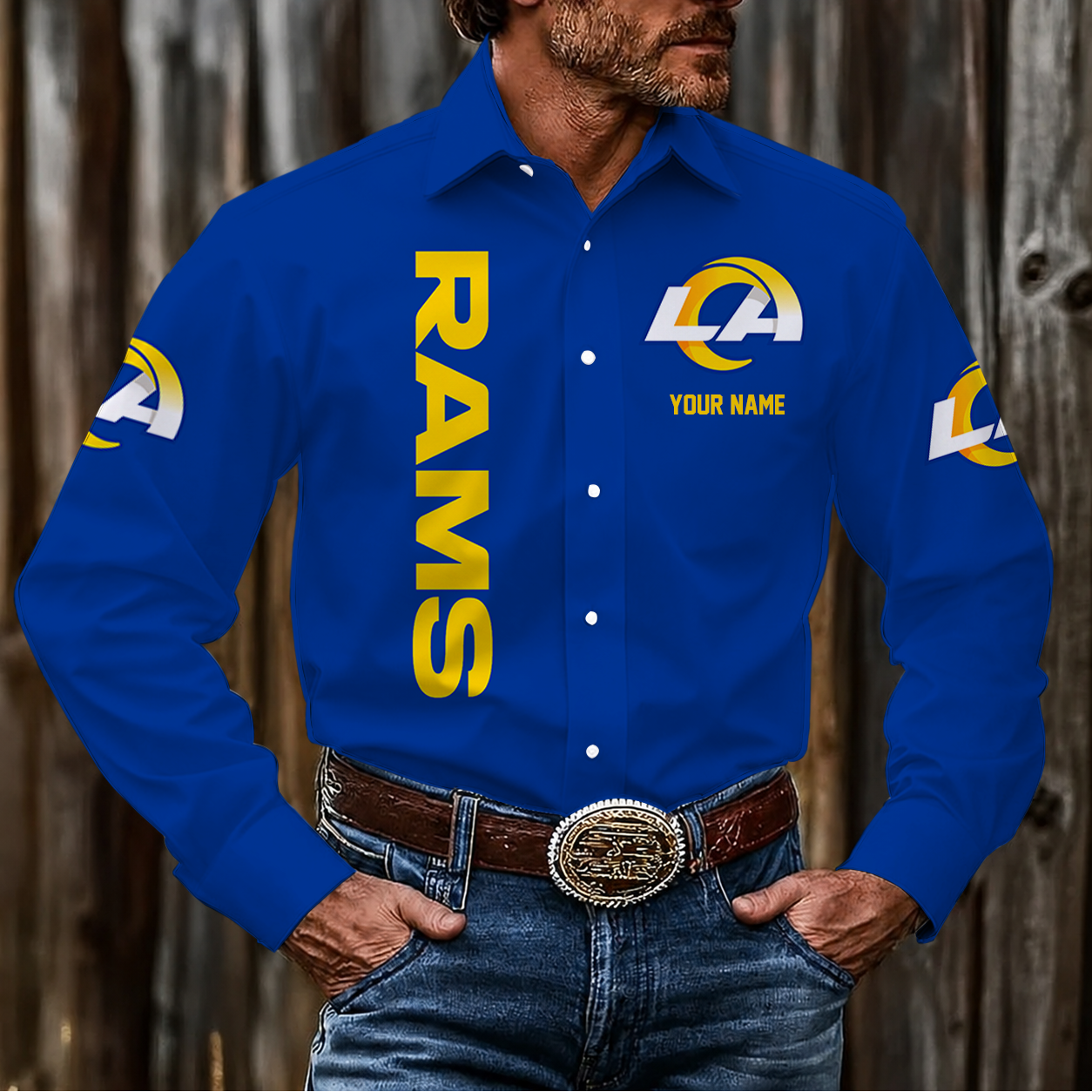 LIMITED EDITION - NEW CUSTOMIZED NFL22 LAR LOS ANGELES RAMS MEN'S LONG SLEEVE BUTTON-UP SHIRT