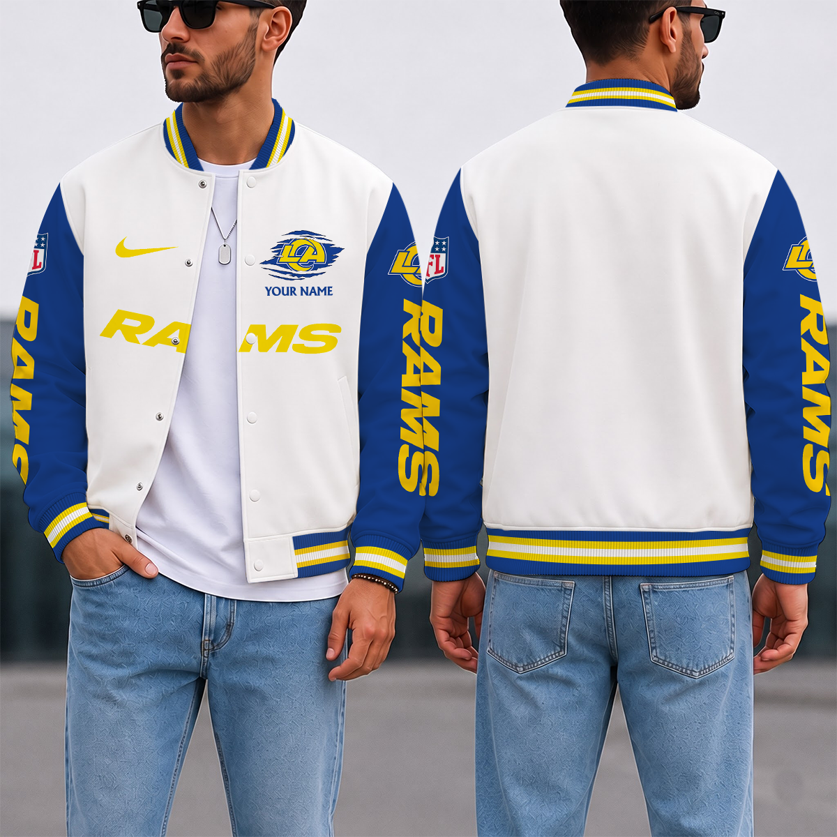ELITE EDITION - NEW CUSTOMIZED NFL22 LAR LOS ANGELES RAMS SATIN VARSITY & BASEBALL JACKET