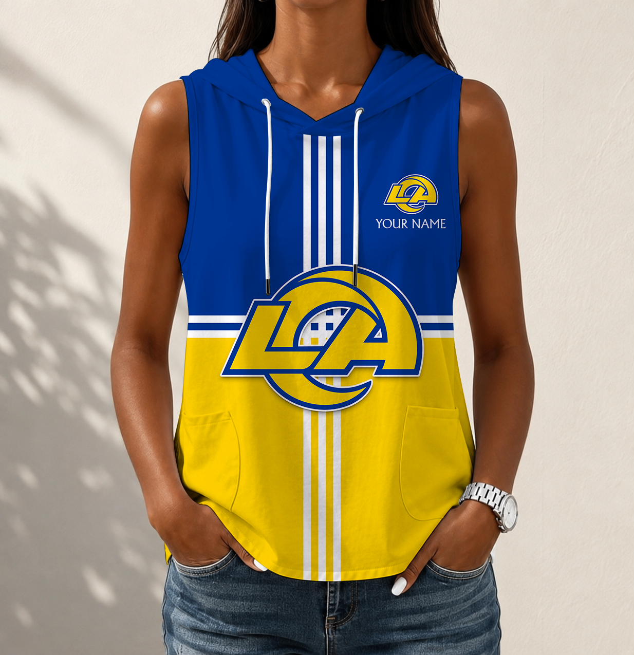 LIMITED EDITION - NEW CUSTOMIZED NFL22 LAR LOS ANGELES RAMS WOMEN'S SLEEVELESS HOODED POCKET TANK TOP