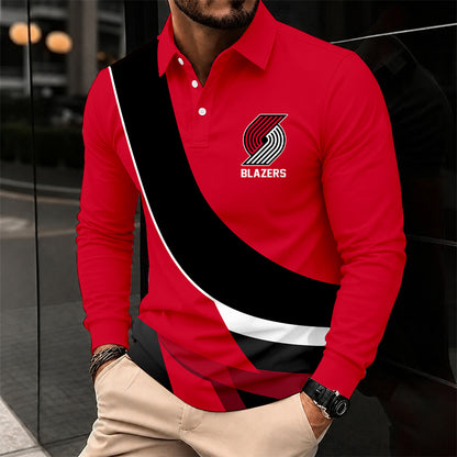 [HOT DEAL] NEW CUSTOMIZED NBA22 PTB PORTLAND TRAIL BLAZERS MEN LONG SLEEVE POLO