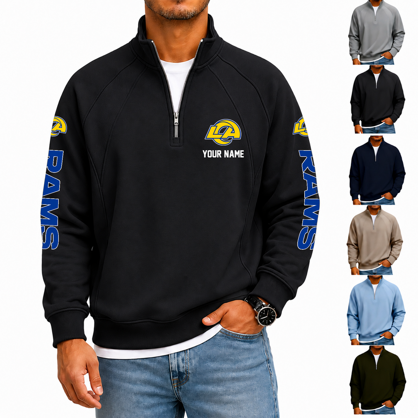 [SPECIAL OFFER] NEW CUSTOMIZED NFL22 LAR LOS ANGELES RAMS MEN'S QUARTER ZIP PULLOVER