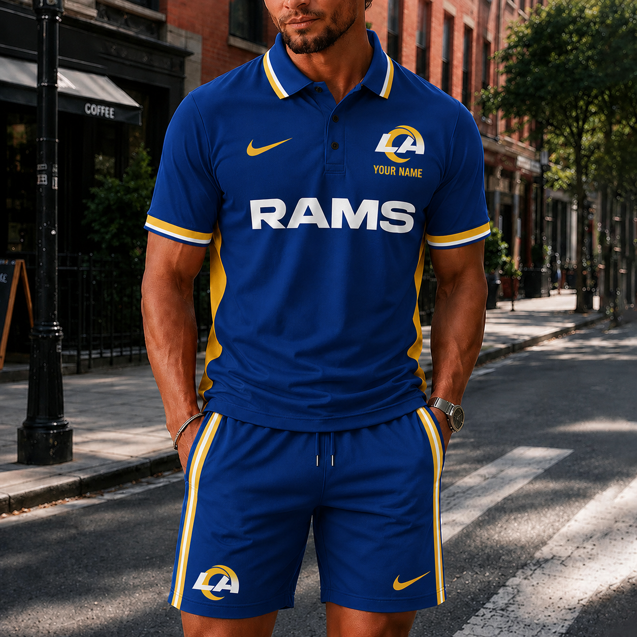 [SPECIAL OFFER] NEW CUSTOMIZED NFL22 LAR LOS ANGELES RAMS POLO SHIRT & SHORT PANTS