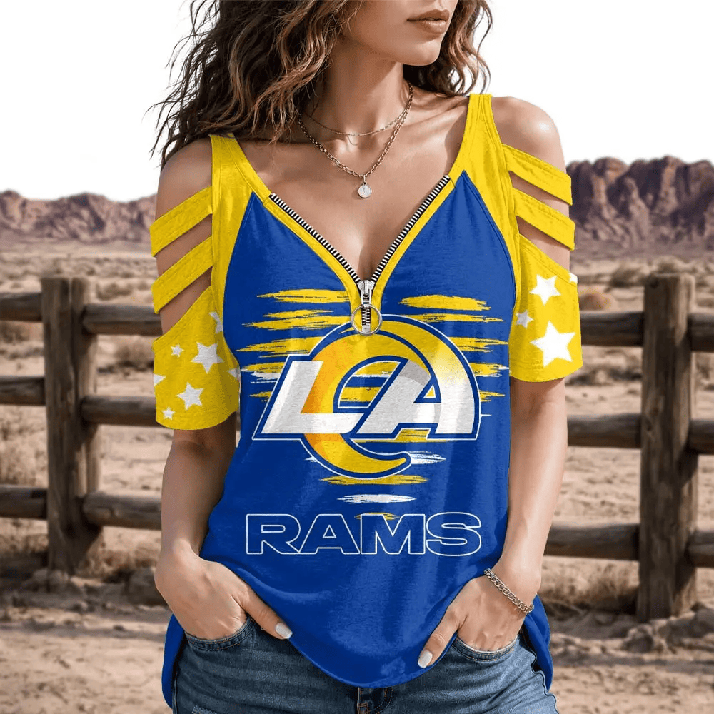 [SPECIAL OFFER] NEW CUSTOMIZED NFL22 LAR LOS ANGELES RAMS STRAPPY COLD-SHOULDER TOP