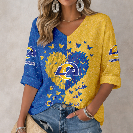 LIMITED EDITION - NEW CUSTOMIZED NFL22 LAR LOS ANGELES RAMS WOMEN'S HEART V-NECK LONG SLEEVE SHIRT