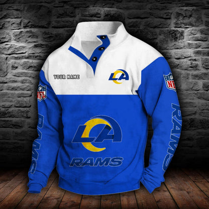 LIMITED EDITION - NEW CUSTOMIZED NFL22 LAR LOS ANGELES RAMS QUARTER-BUTTON STAND-COLLAR SWEATSHIRT