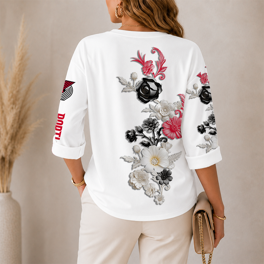 [HOT DEAL] NEW CUSTOMIZED NBA22 PTB PORTLAND TRAIL BLAZERS WOMEN'S V-NECK LONG SLEEVE SHIRT