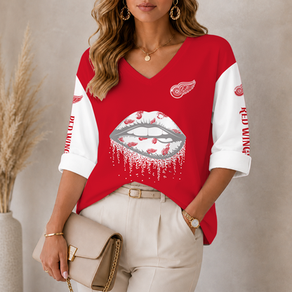 [SUPER SALE] NEW CUSTOMIZED NHL22 DRW DETROIT RED WINGS WOMEN'S HEART V-NECK LONG SLEEVE SHIRT