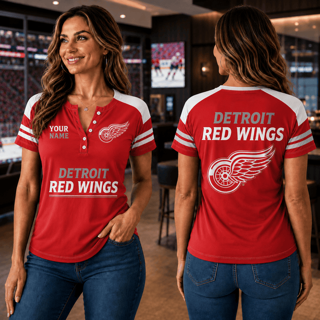 SPECIAL EDITION - NEW CUSTOMIZED NHL22 DRW DETROIT RED WINGS WOMEN'S SHORT SLEEVE HENLEY T-SHIRT