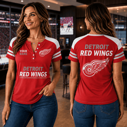 SPECIAL EDITION - NEW CUSTOMIZED NHL22 DRW DETROIT RED WINGS WOMEN'S SHORT SLEEVE HENLEY T-SHIRT
