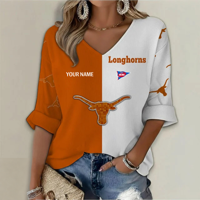 ELITE EDITION - NEW CUSTOMIZED NCAA FBS22 TXL TEXAS LONGHORNS WOMEN'S HEART V-NECK LONG SLEEVE SHIRT