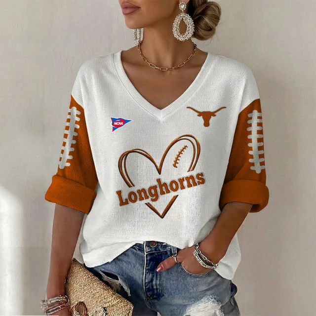 ELITE EDITION - NEW CUSTOMIZED NCAA FBS22 TXL TEXAS LONGHORNS WOMEN'S HEART V-NECK LONG SLEEVE SHIRT