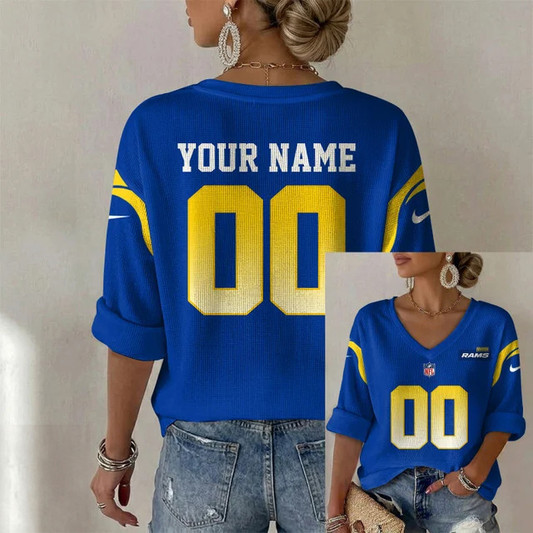 ELITE EDITION - NEW CUSTOMIZED NFL22 LAR LOS ANGELES RAMS WOMEN'S HEART V-NECK LONG SLEEVE SHIRT