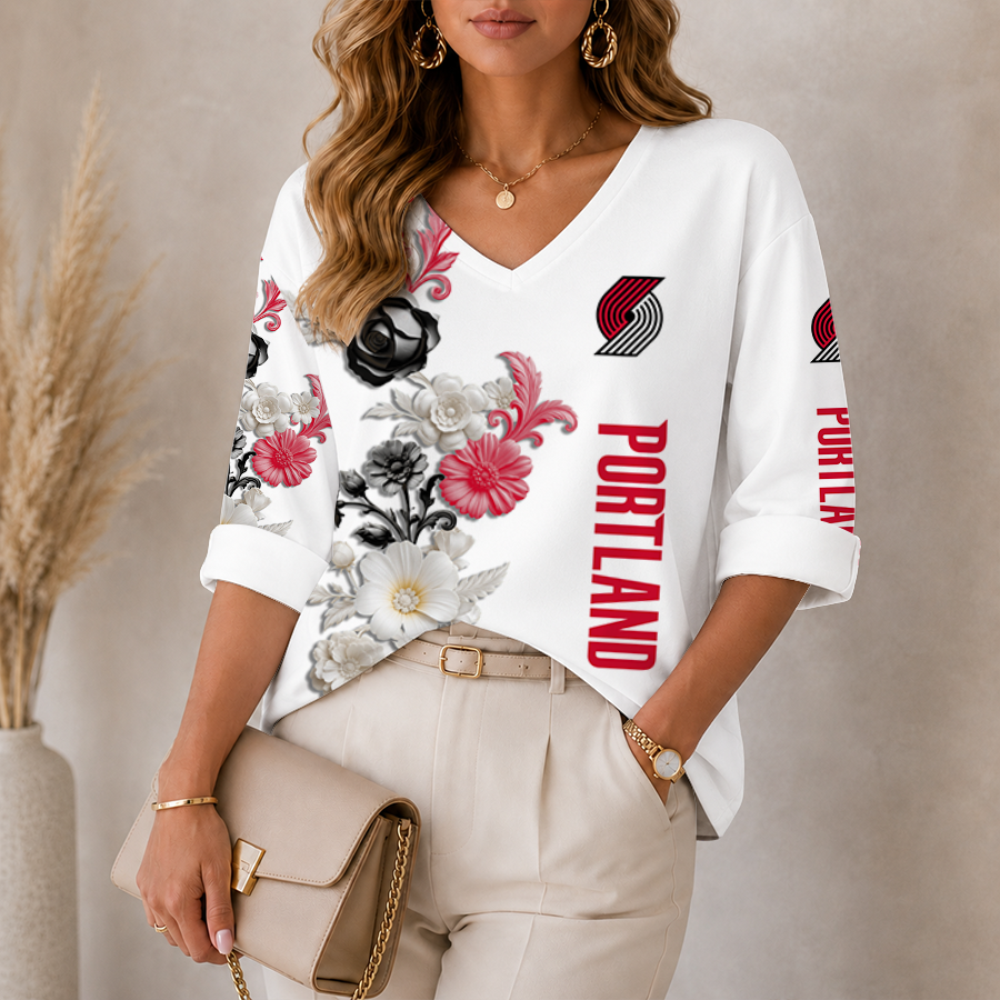 [HOT DEAL] NEW CUSTOMIZED NBA22 PTB PORTLAND TRAIL BLAZERS WOMEN'S V-NECK LONG SLEEVE SHIRT