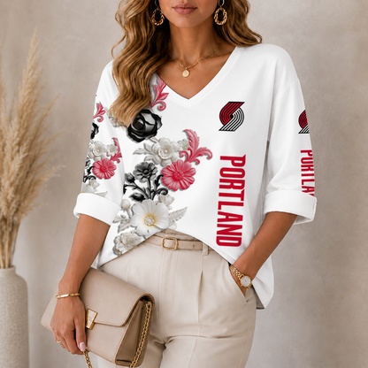 [HOT DEAL] NEW CUSTOMIZED NBA22 PTB PORTLAND TRAIL BLAZERS WOMEN'S V-NECK LONG SLEEVE SHIRT