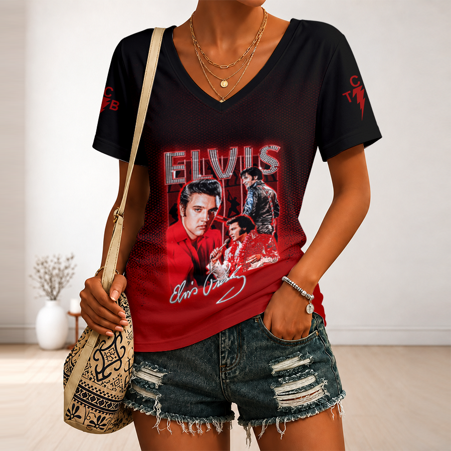 [FAN FAVORITE] NEW CUSTOMIZED ELVIS PRESLEY V-NECK FEMALE SHIRT