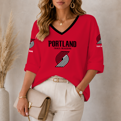[HOT DEAL] NEW CUSTOMIZED NBA22 PTB PORTLAND TRAIL BLAZERS WOMEN'S HEART V-NECK LONG SLEEVE SHIRT