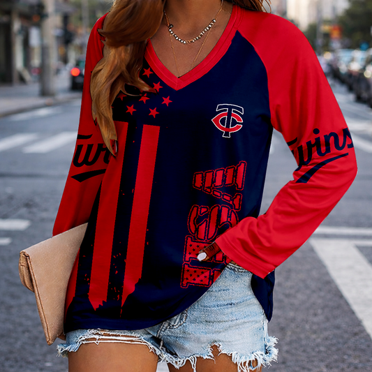 LIMITED EDITION - NEW CUSTOMIZED MLB22 MTS MINNESOTA TWINS WOMEN'S V-NECK LONG SLEEVED SHIRT