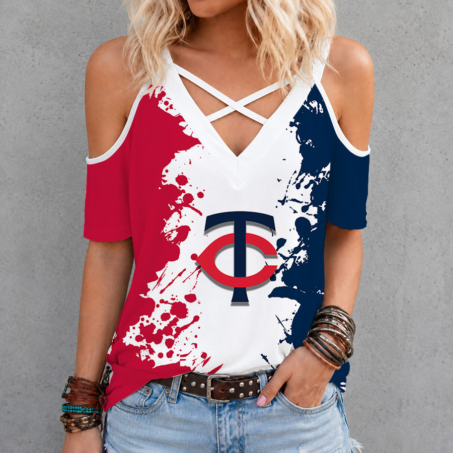 [FLASH SALE] NEW CUSTOMIZED MLB22 MTS MINNESOTA TWINS CRISS CROSS V-NECK TOP
