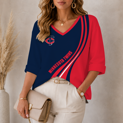 [FLASH SALE] NEW CUSTOMIZED MLB22 MTS MINNESOTA TWINS WOMEN'S HEART V-NECK LONG SLEEVE SHIRT
