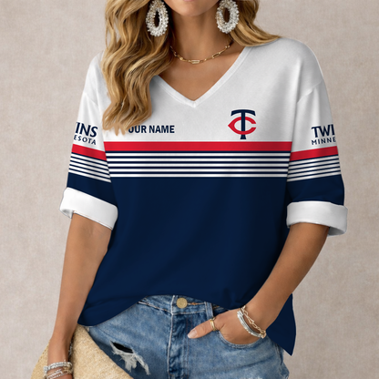 LIMITED EDITION - NEW CUSTOMIZED MLB22 MTS MINNESOTA TWINS WOMEN'S HEART V-NECK LONG SLEEVE SHIRT
