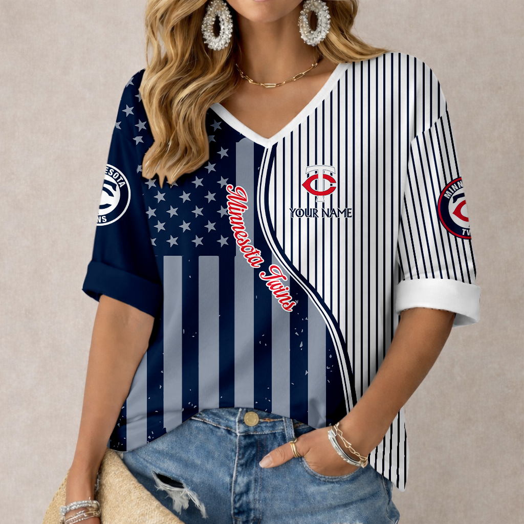 ELITE EDITION - NEW CUSTOMIZED MLB22 MTS MINNESOTA TWINS WOMEN'S HEART V-NECK LONG SLEEVE SHIRT