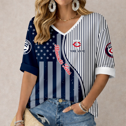 ELITE EDITION - NEW CUSTOMIZED MLB22 MTS MINNESOTA TWINS WOMEN'S HEART V-NECK LONG SLEEVE SHIRT