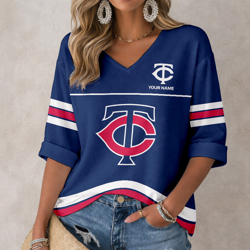 LIMITED EDITION - NEW CUSTOMIZED MLB22 MTS MINNESOTA TWINS WOMEN'S HEART V-NECK LONG SLEEVE SHIRT