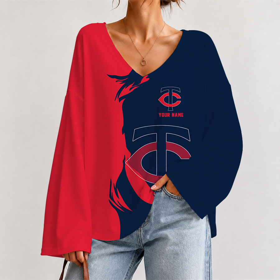 [FLASH SALE] NEW CUSTOMIZED MLB22 MTS MINNESOTA TWINS V-NECK LONG SLEEVED CROP TOP
