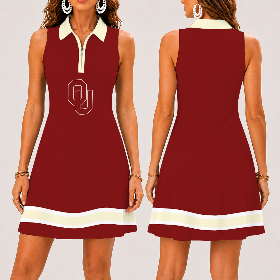 [FAN FAVORITE] NEW CUSTOMIZED NCAA CWS22 OUS OKLAHOMA SOONERS WOMEN'S ZIP SLEEVELESS POLO DRESS